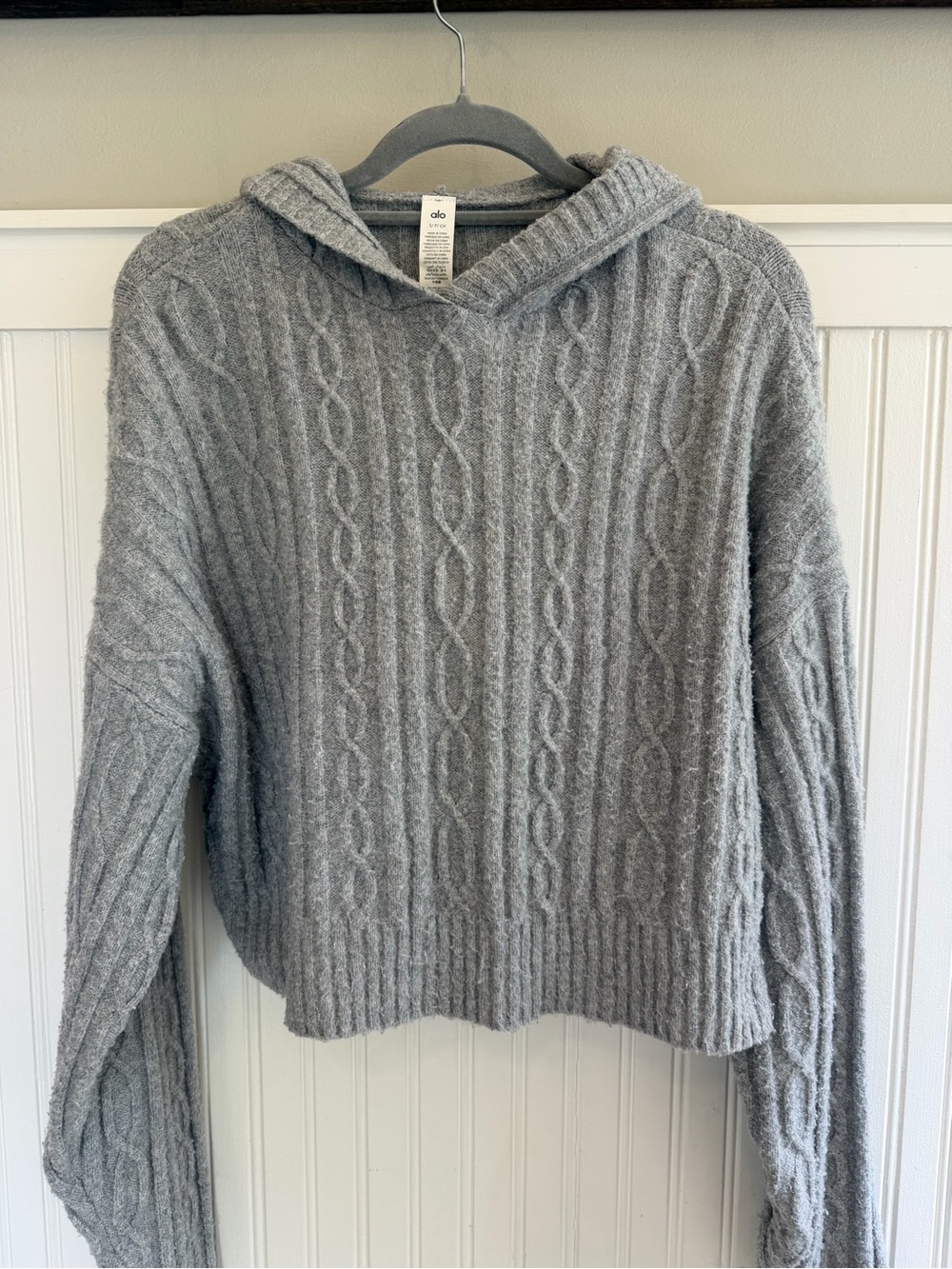 ALO Yoga Gray Cable-Knit Hooded Sweater